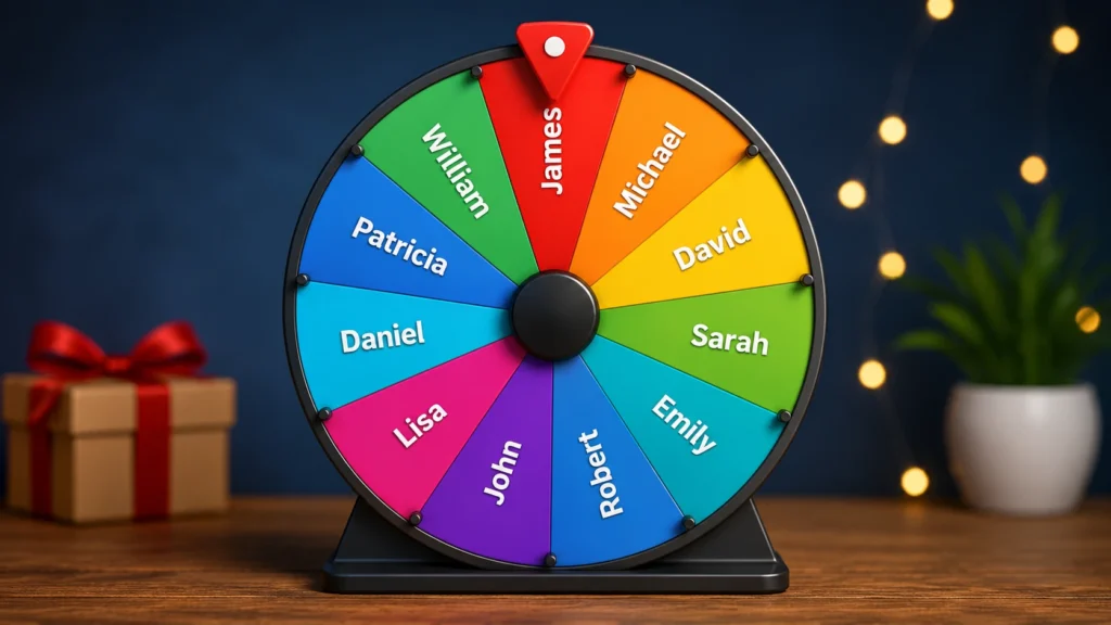 3D random name picker wheel with colorful name segments on a wooden desk, featuring festive lights and a giveaway-style spinning selector for contests, classrooms, and team activities