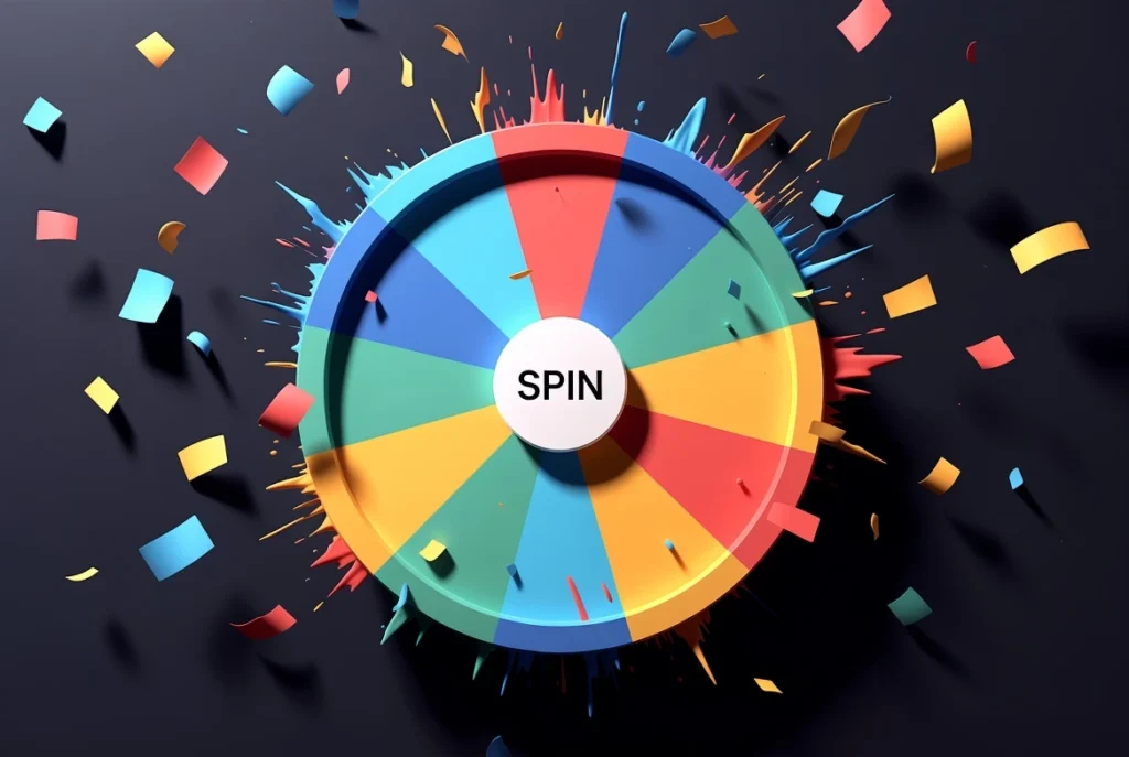 Colorful spin number wheel with red, blue, yellow and green segments on dark background with confetti explosion