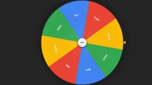 A colorful digital spinning wheel tool configured as a Random Name Picker on a dark background.
