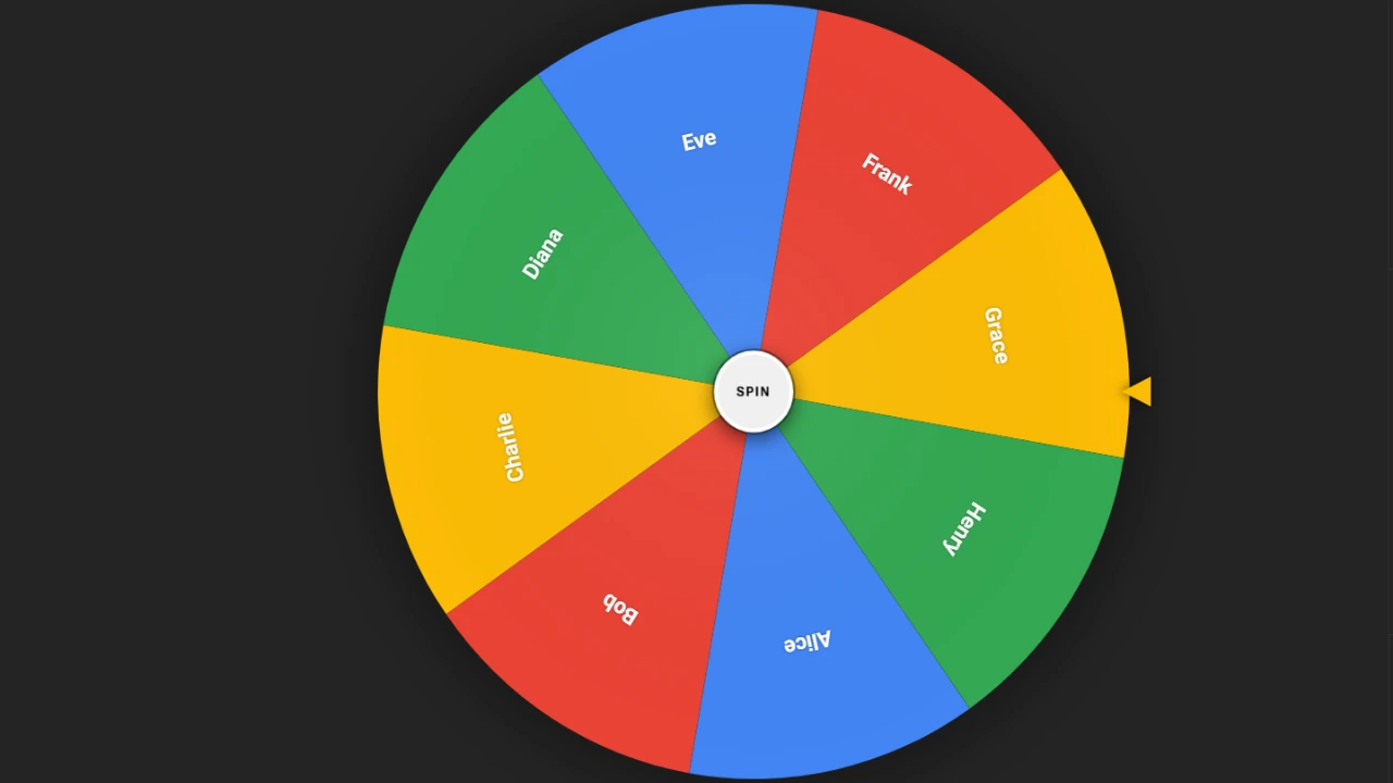 A colorful digital spinning wheel tool configured as a Random Name Picker on a dark background.