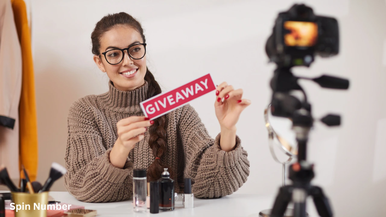 A beauty influencer recording a video and holding a giveaway sign before using a digital Giveaway Picker.