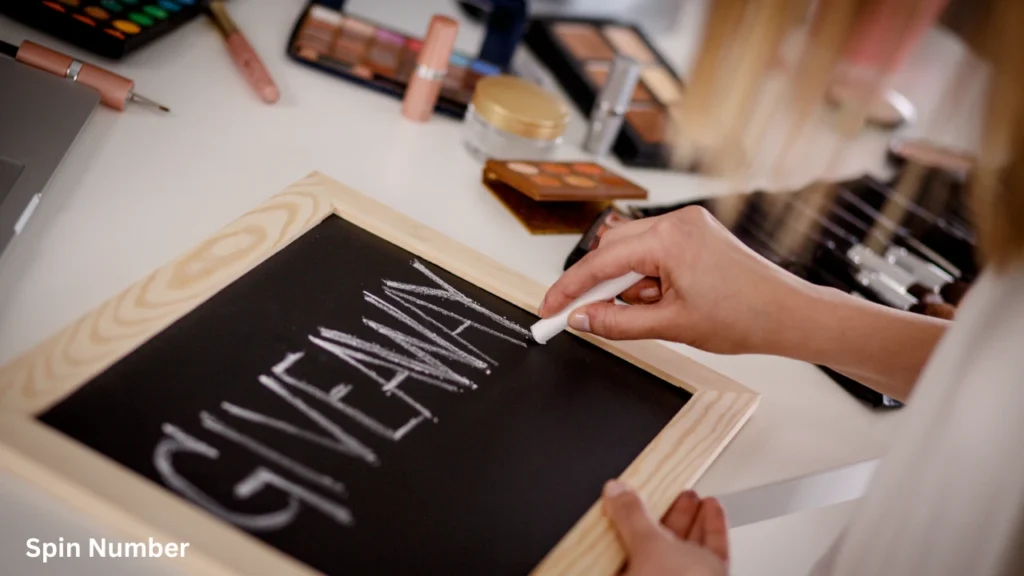 A content creator writing 'GIVEAWAY' on a small slate board, promoting a transparent Giveaway Picker tool.
