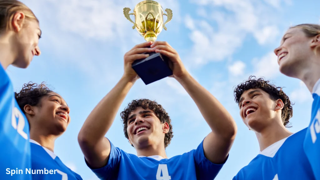 A smiling sports team in blue jerseys holding up a gold trophy together against a blue sky, representing the final victory in a series of Minute to Win It Games.