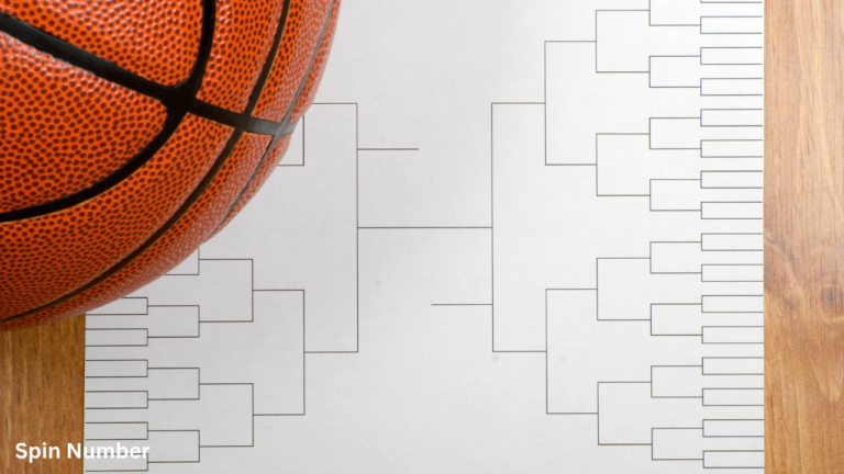 An orange basketball resting on a crisp white single-elimination Tournament Bracket sheet on a rustic wooden tabletop.
