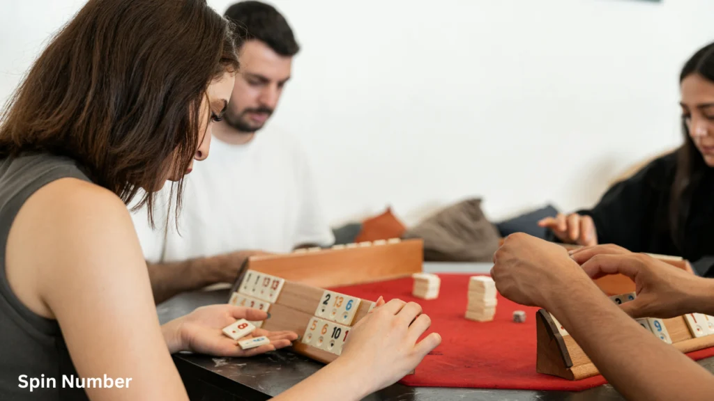 Friends focused on a strategic tile board game during a game night filled with deep Would You Rather Questions.