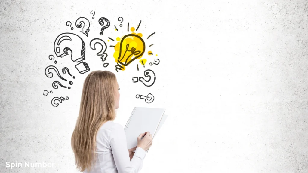 A blonde woman looking at a wall sketch of a glowing yellow lightbulb and floating question marks, brainstorming complex Trivia Questions.