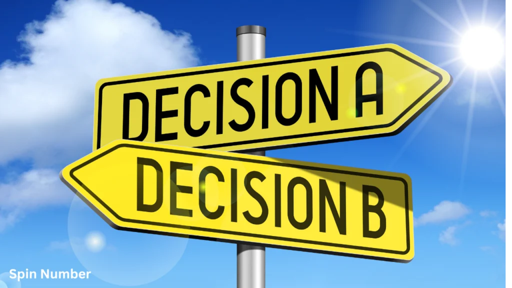 A yellow street signpost pointing to "DECISION A" and "DECISION B" against a sunny blue sky, visualizing choices you can plug into a Decision Wheel