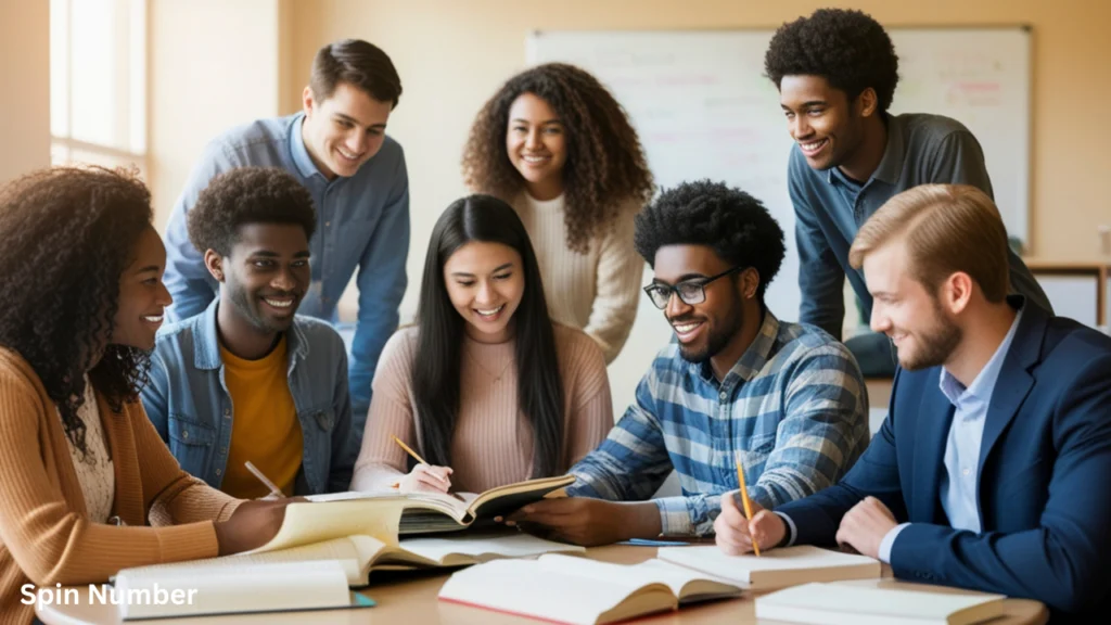A dynamic group of diverse college students smiling and studying textbooks together around a table, illustrating a group formed by an educational random team generator.
