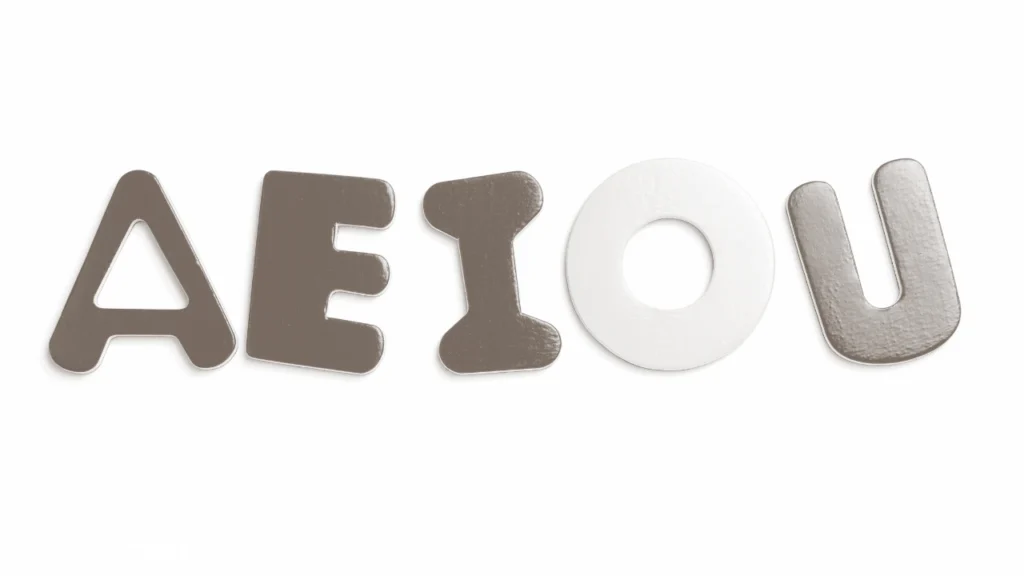 The letters A, E, I, O, and U lined up sequentially on a clean white background, showcasing the essential vowels needed to solve complex Hangman Words.