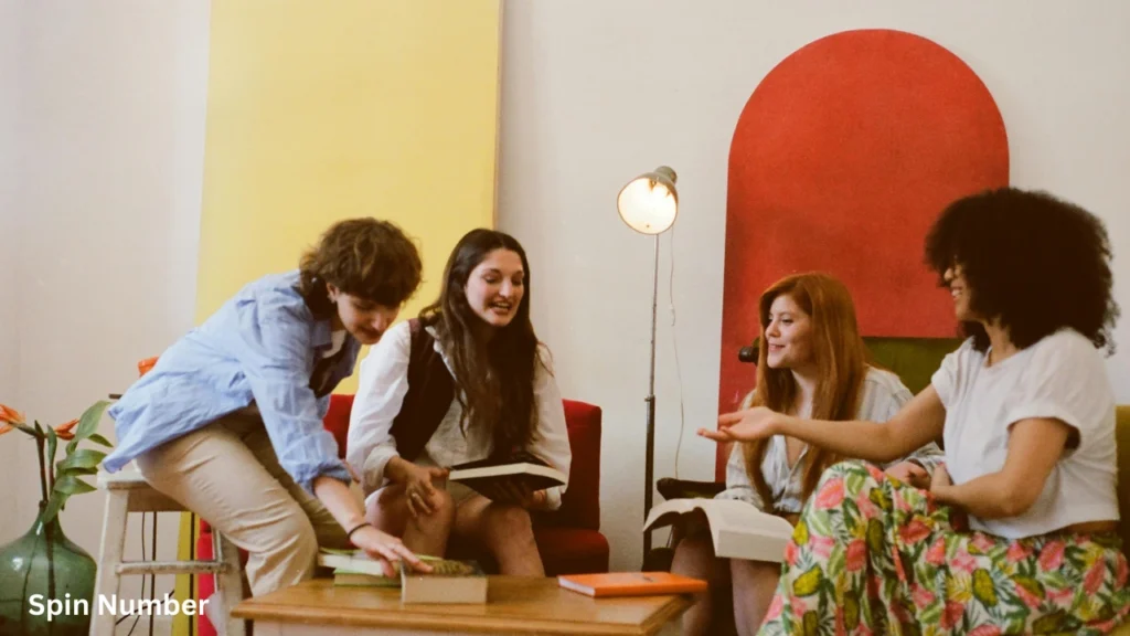 Young adults hanging out in a living room with books, using a list of This or That Questions to spark a debate.