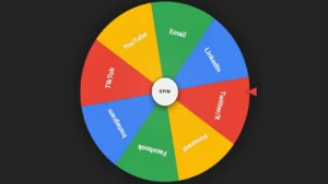 A digital pie chart style wheel labeled with major social media platforms like YouTube, TikTok, and Instagram, showcasing modern online Spin the Wheel Games.