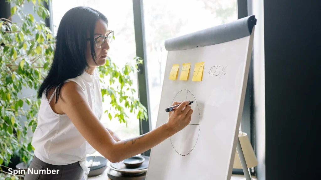 A woman drawing a circle diagram on a whiteboard easel, simulating a player sketching out challenging Pictionary Words.