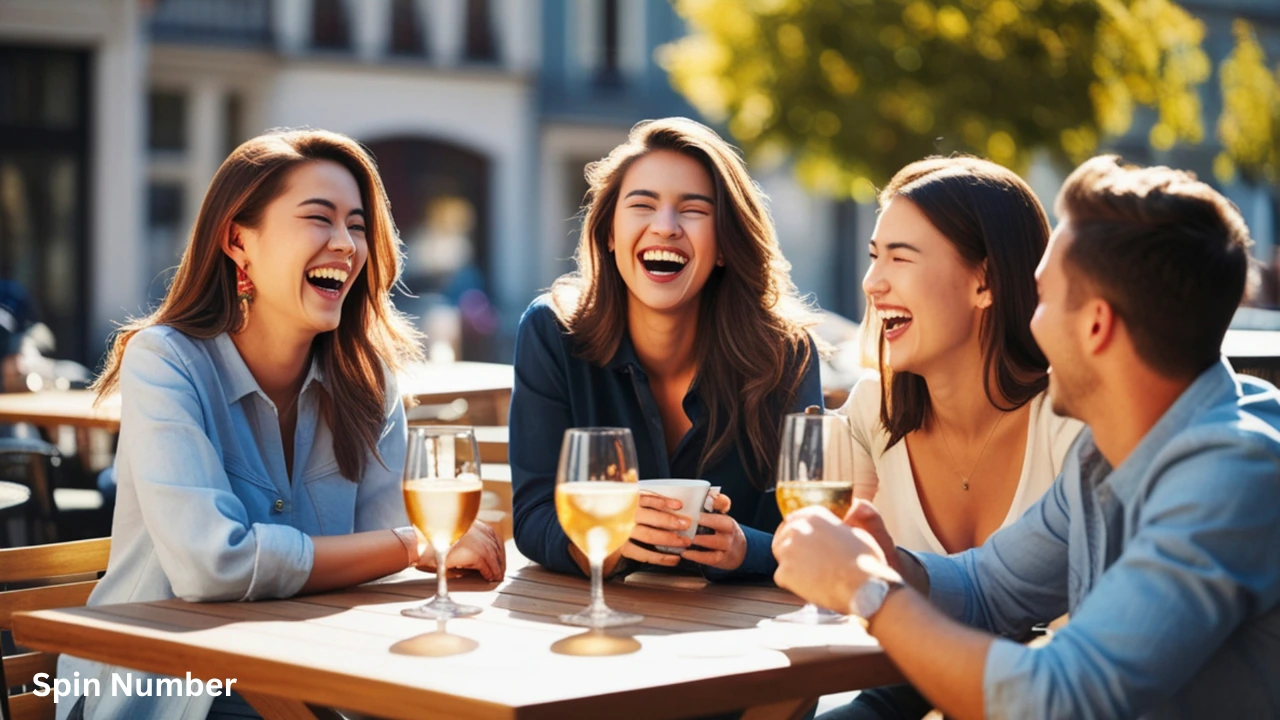 A group of cheerful young friends laughing out loud at an outdoor cafe table while sharing Funny Questions to Ask.