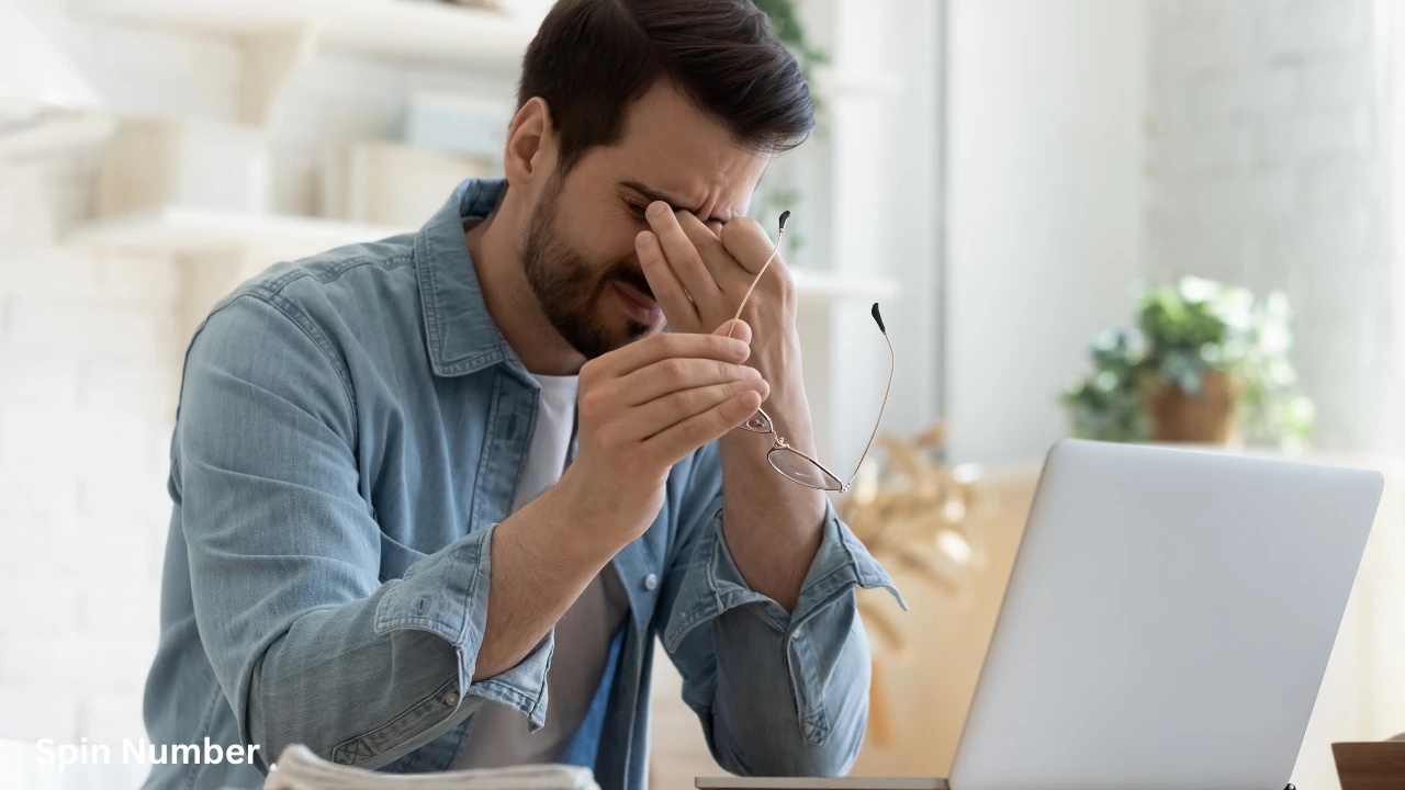 A stressed male professional sitting in front of his laptop while pinching the bridge of his nose in frustration, a classic symptom of workplace Decision Fatigue.
