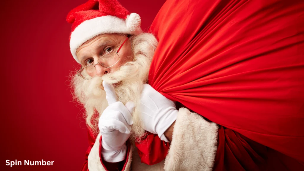 Santa Claus holding a massive red sack over his shoulder and gesturing a "shh" silence sign against a bright red background, symbolizing the mystery behind a secret santa generator.