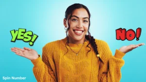 A smiling woman in a yellow sweater holding her hands out between "YES!" and "NO!" graphics, illustrating a dilemma easily solved by a digital Decision Wheel.