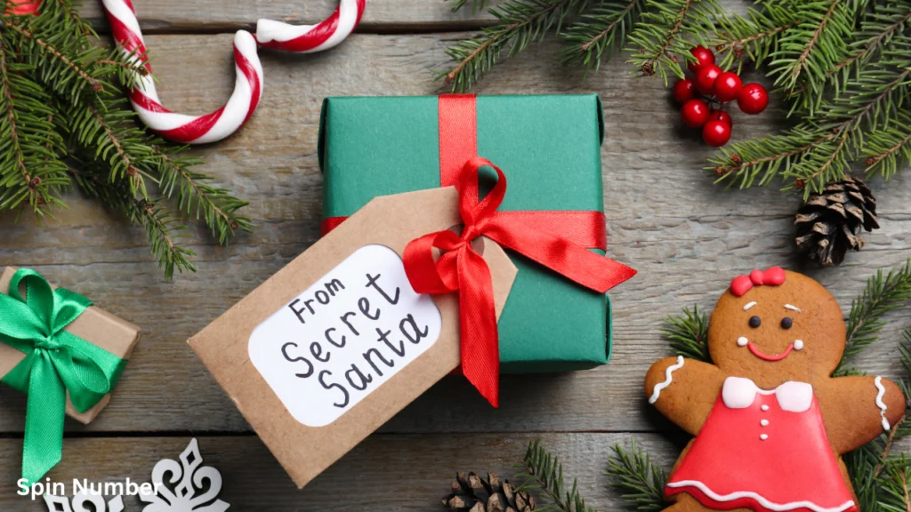 A green Christmas gift box with a red ribbon and a tag reading "From Secret Santa" on a rustic wooden table, ideal for illustrating a digital secret santa generator.