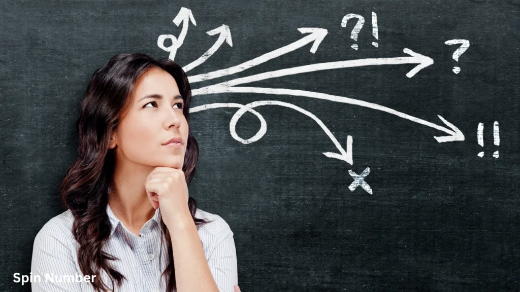 A thoughtful woman standing in front of a blackboard covered in conflicting directional arrows and question marks, symbolizing the onset of Decision Fatigue.