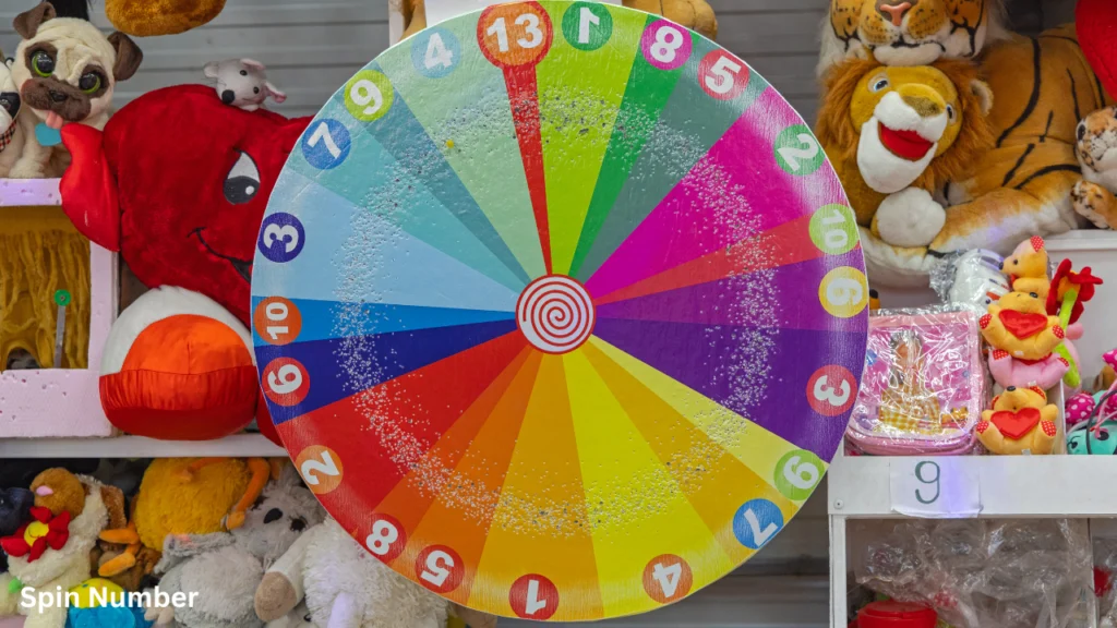 A colorful, numbered carnival wheel surrounded by stuffed animal prizes, representing classic physical Spin the Wheel Games.