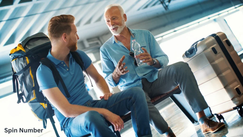 An older gentleman and a young backpacker chatting on a bench at a transit terminal, demonstrating natural Conversation Starters between travelers.