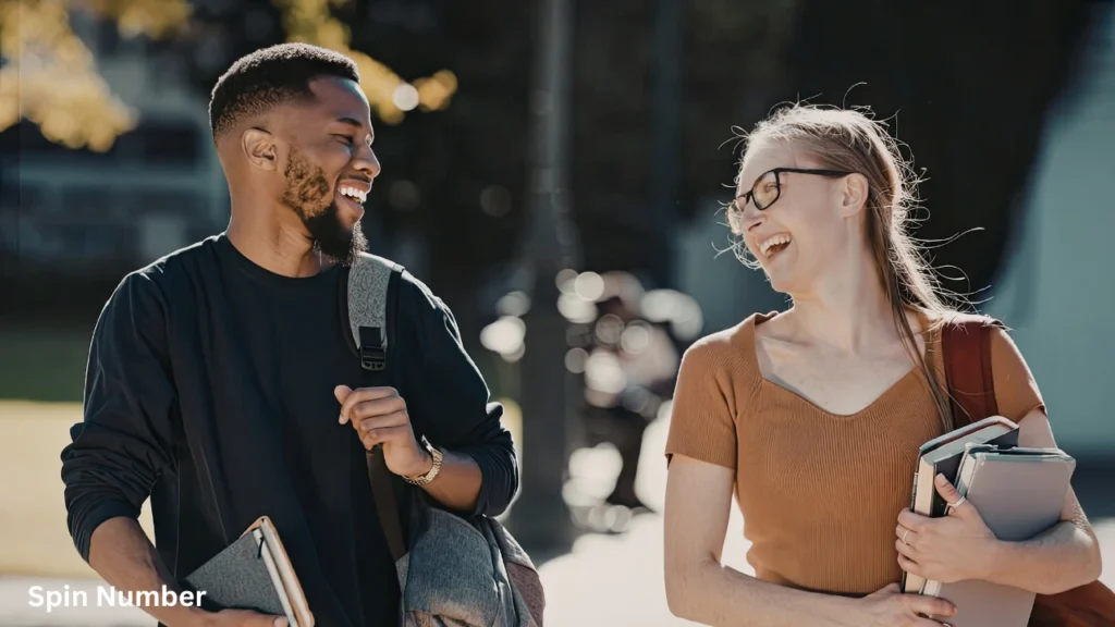 Two college students walking together outside on campus, smiling and exchanging Funny Questions to Ask while holding their books.