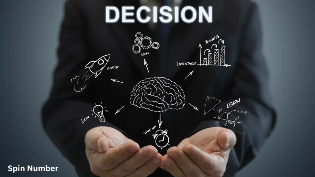 A businessman holding out his hands under a digital graphic of a brain connected to various life and career paths, illustrating the cognitive overload behind Decision Fatigue.