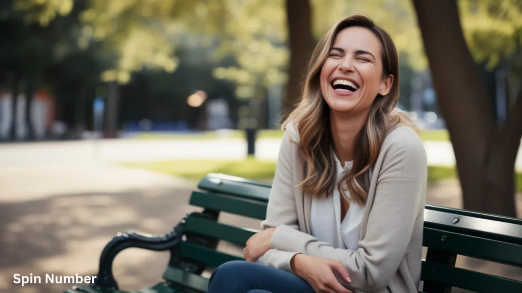 A young woman with blonde highlights sitting on a green park bench, laughing genuinely after hearing some Funny Questions to Ask.